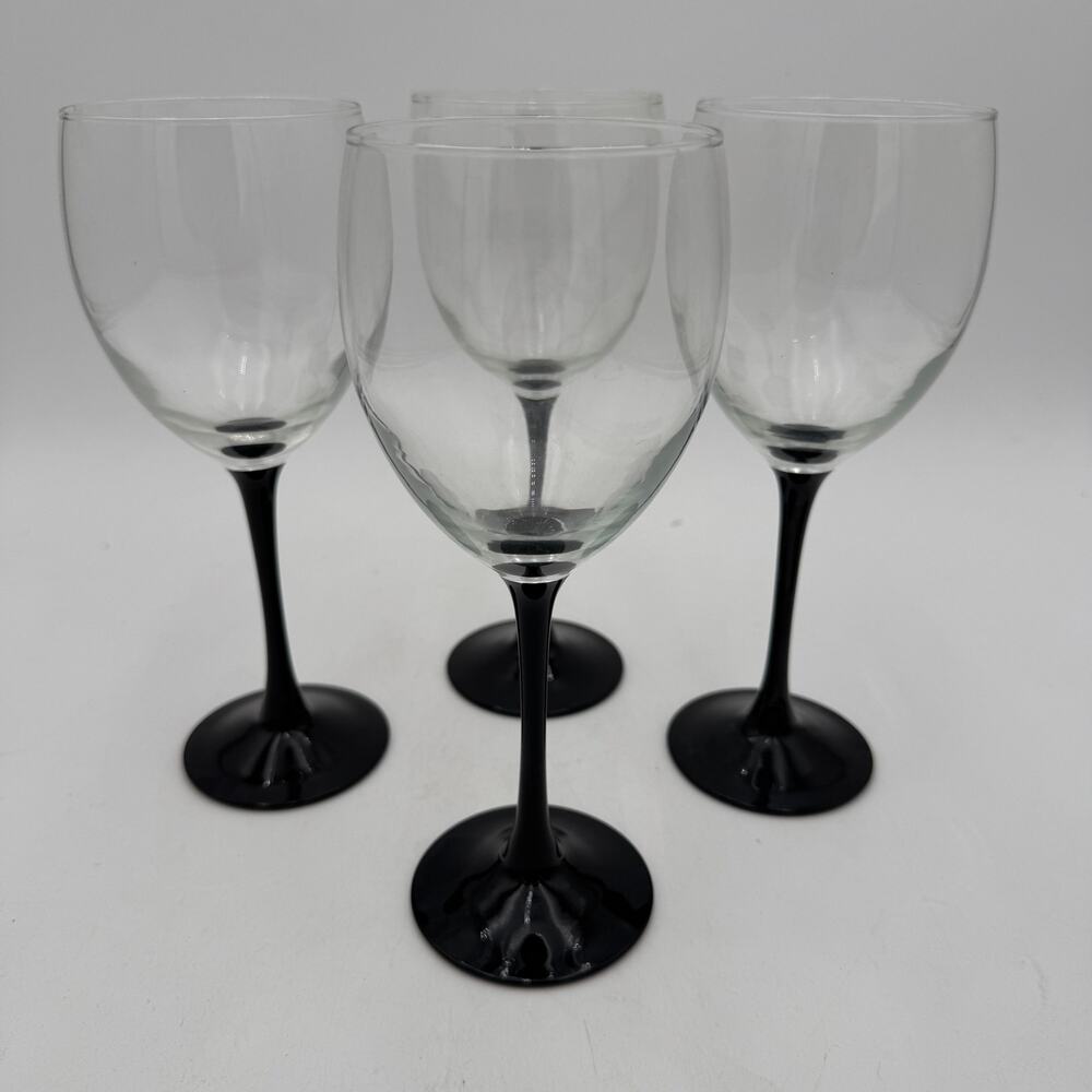 Set/4 Vintage Water Goblet Stemware Domino Signature Black by Cristal D'Arques